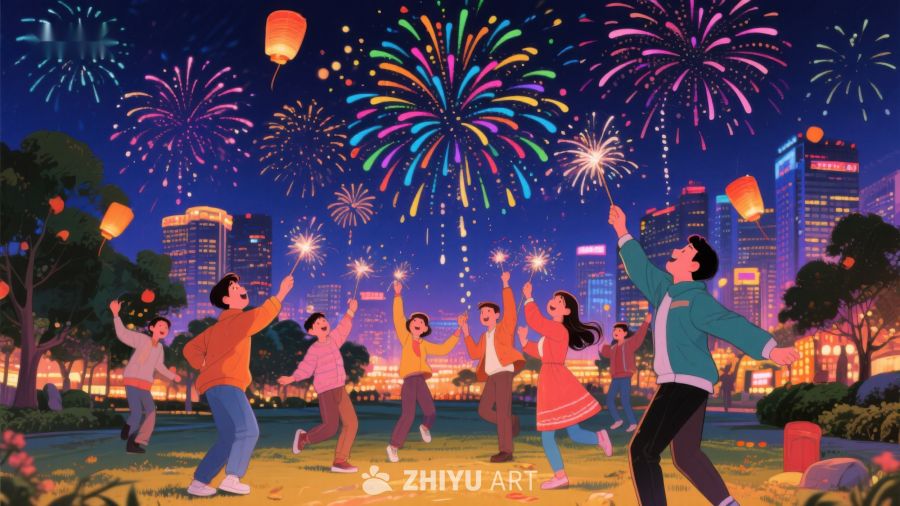 夜空烟花下欢庆的人群 128