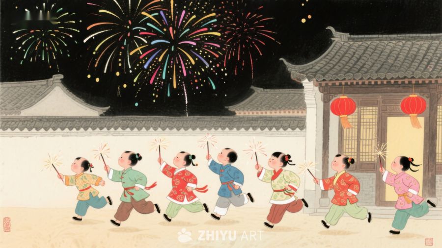 孩童夜游灯会，烟花绽放 291