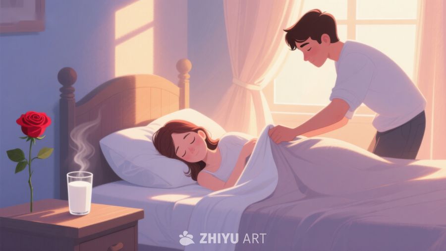 温馨晨光中，男子轻柔为女子盖被 354
