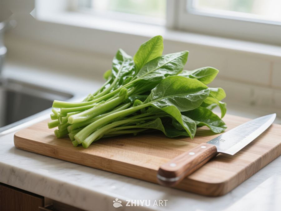 新鲜菠菜置于厨房砧板上 387