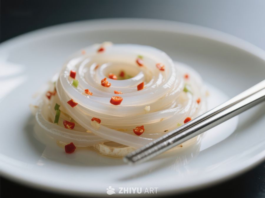 盘中螺旋状透明面条配辣椒 1106