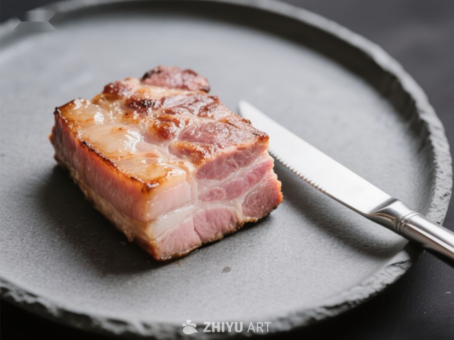煎培根配刀具，置于灰色盘上