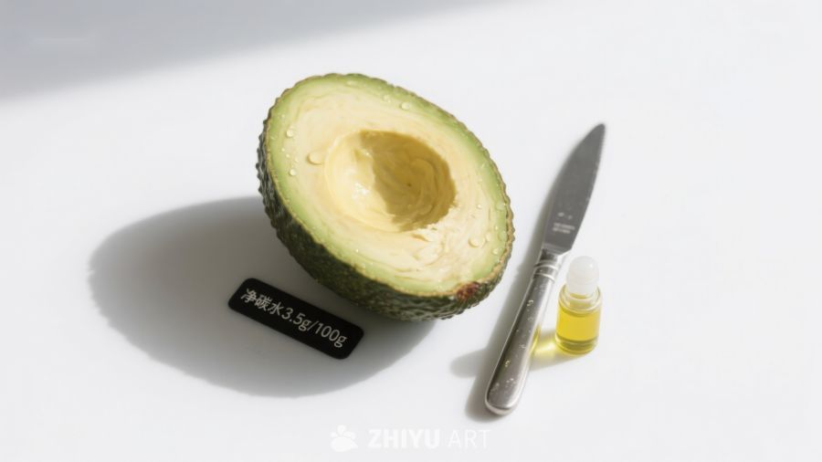 切开的牛油果与小瓶精油