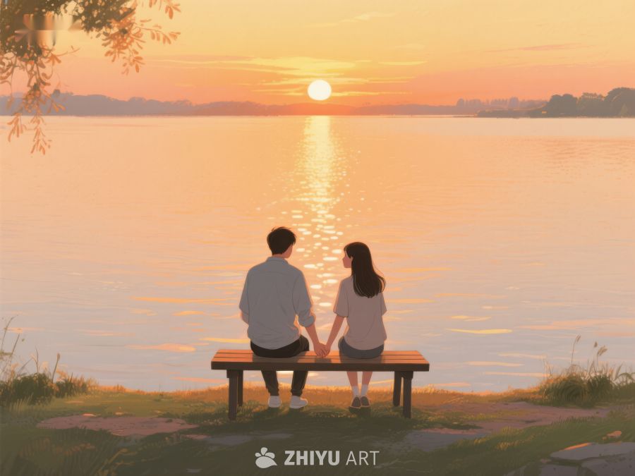 湖畔黄昏，两人静坐长椅 276