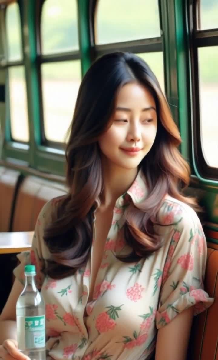 长发女子车内赏景，手持水瓶望窗外。