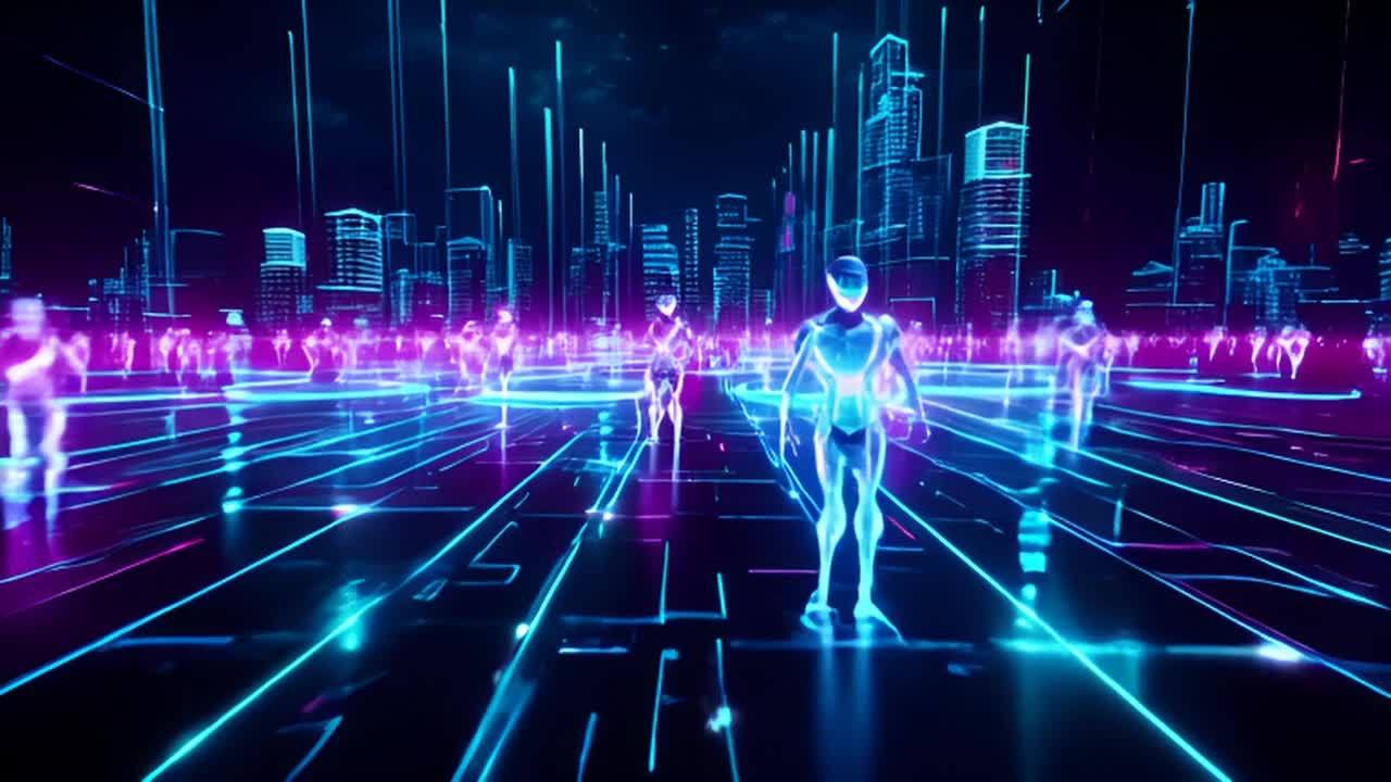 画面中呈现多个发光的人形AI，它们周围环绕着全息节