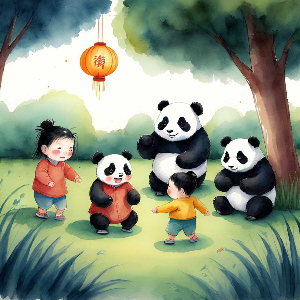 熊猫和儿童一起玩耍儿童节