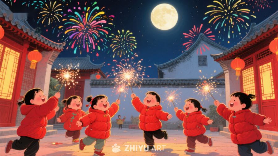 孩子们在烟花下欢庆节日 301
