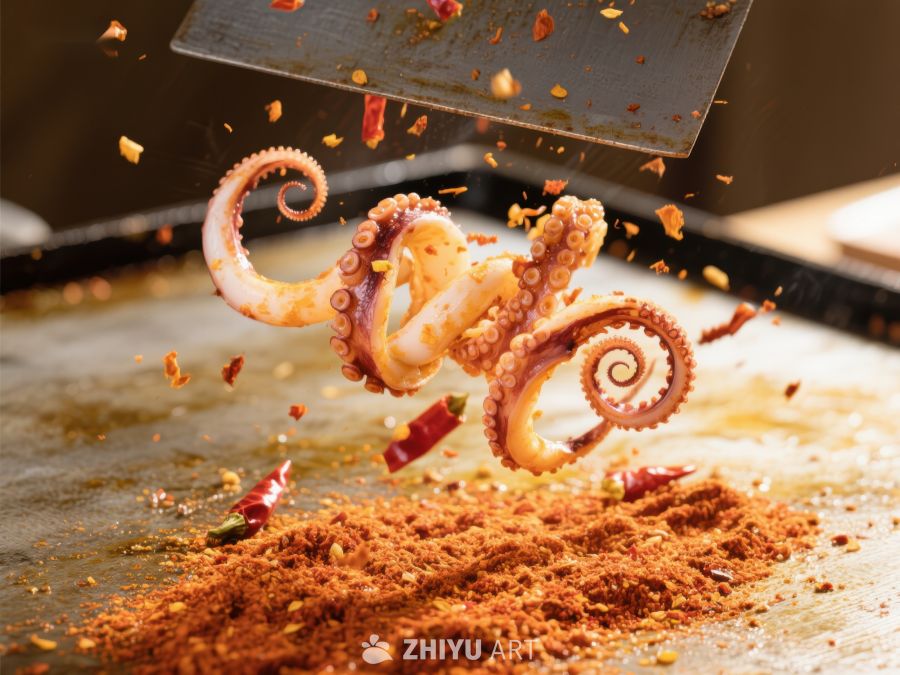 铁板烧鱿鱼，香料四溅