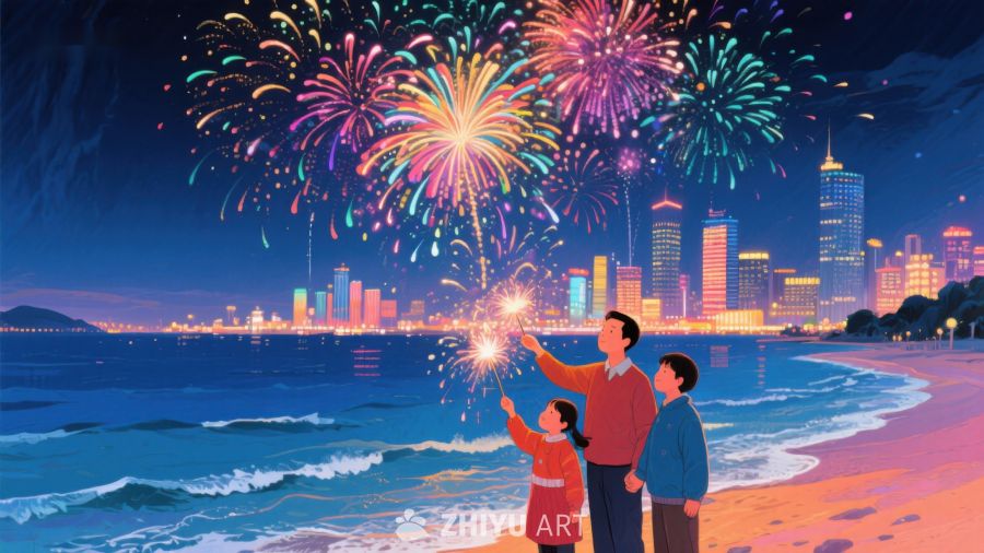 海边夜景烟花下的温馨一家 315