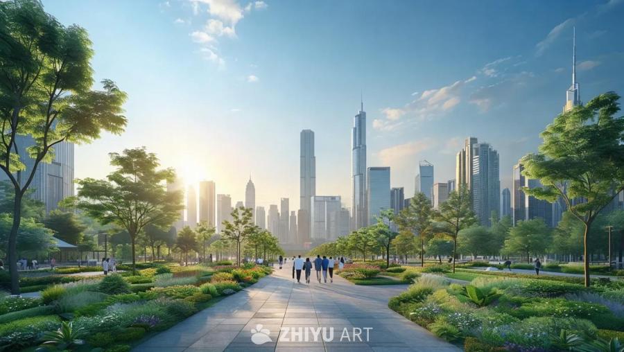 宽阔的城市天际线在画面中呈现，天空晴朗，阳光明媚。