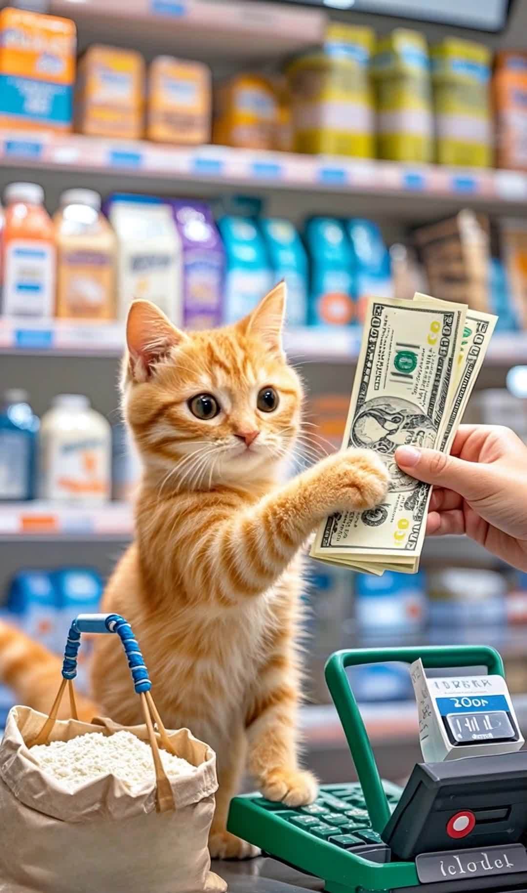 猫咪超市购物，递钞票结账，货品和收银机特写。