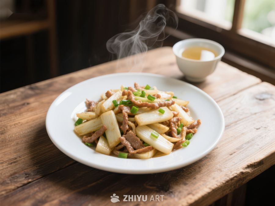 热腾腾的炒菜与茶杯 799