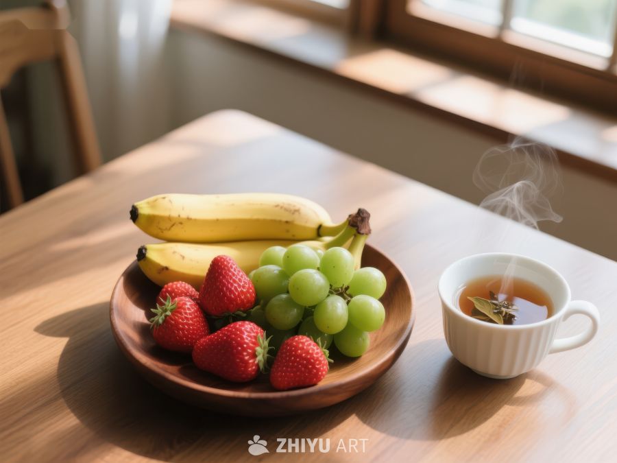 水果盘与热茶的温馨早餐 519