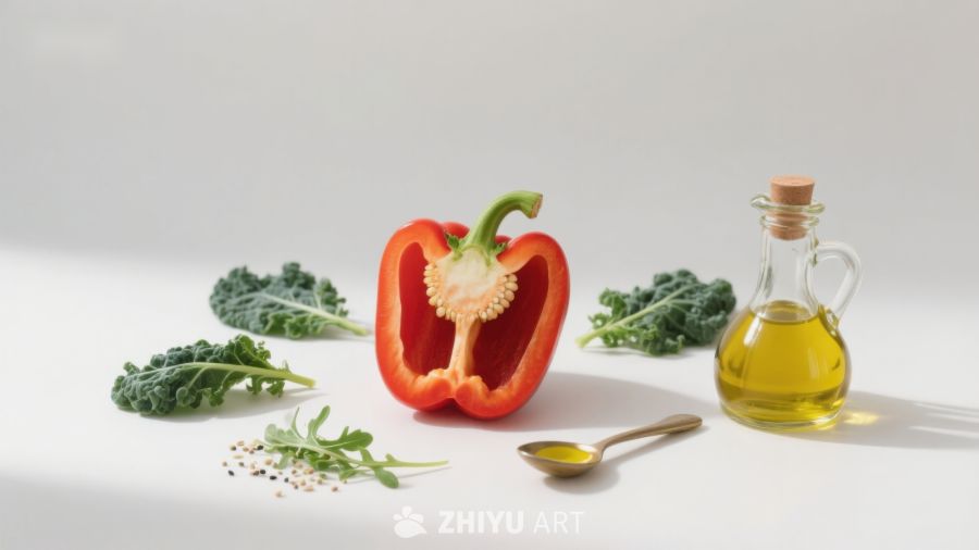 新鲜蔬菜与橄榄油静物