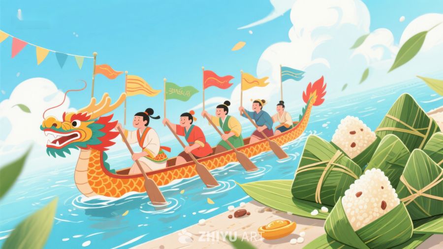 龙舟竞渡与粽子，端午节传统场景 304