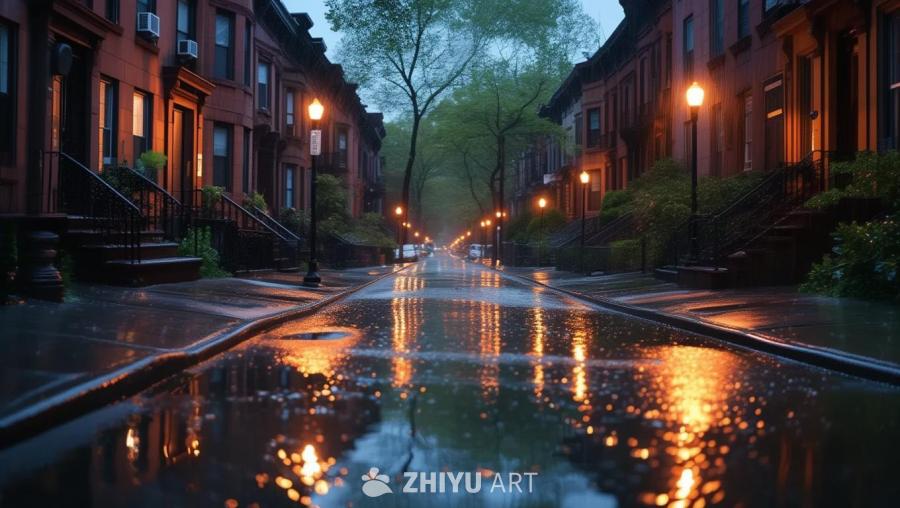下着雨的纽约市郊安静的街道，闪烁的水坑反映着昏暗路