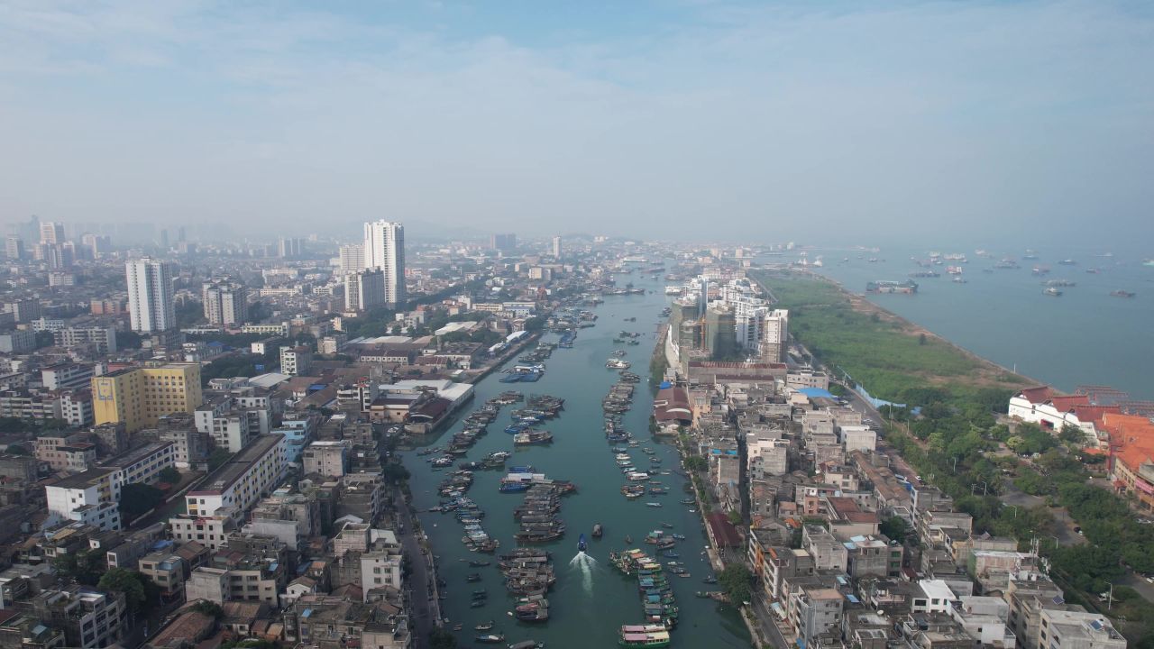 海边渔船广西北海海边风光航拍  