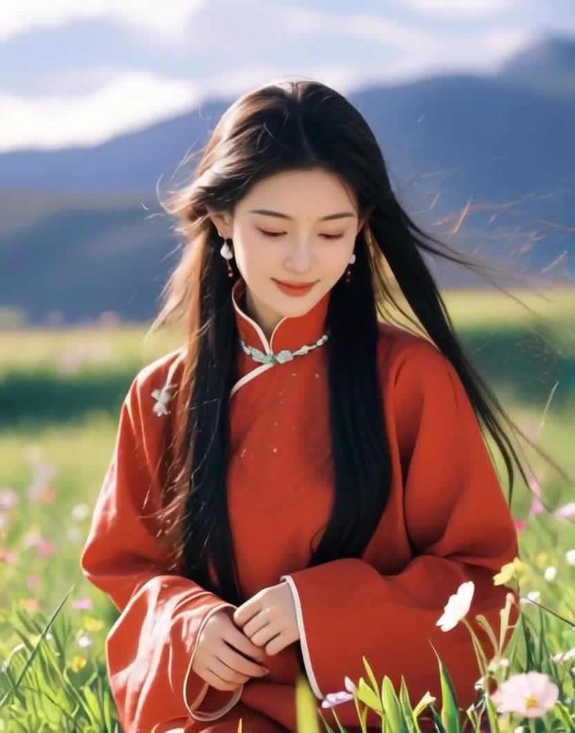 红衣女孩在花海中沉思，长发飘逸，背景山景。