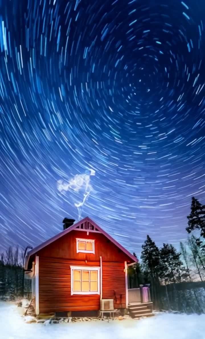 夜空中，无数星轨呈现旋转状。一颗红色的木屋坐落在雪
