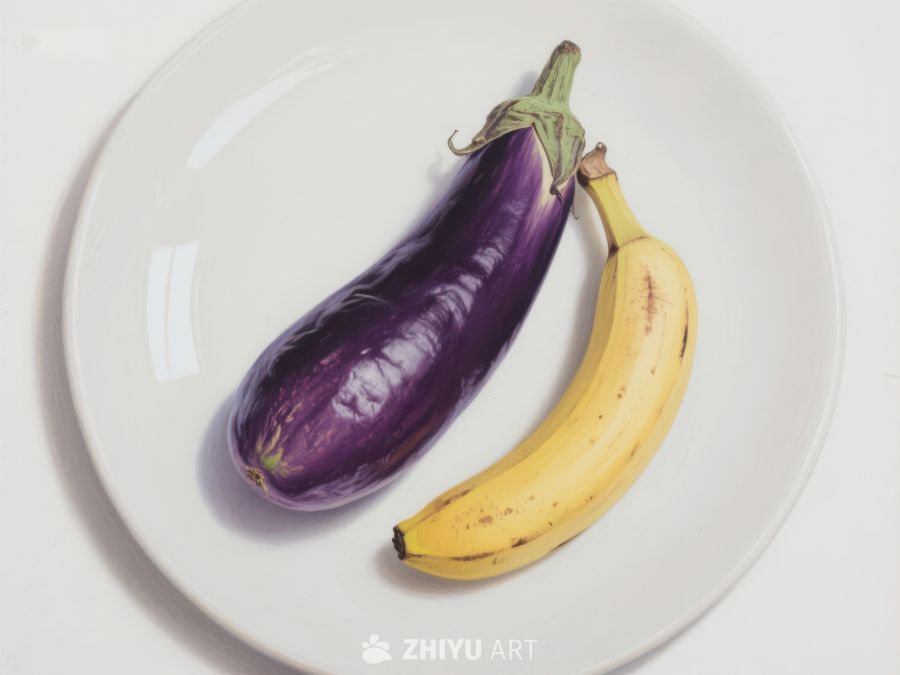 茄子与香蕉并列于白色盘中 318