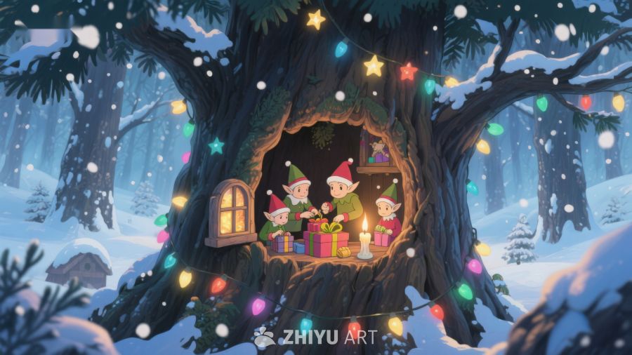 雪夜树洞中的精灵聚会 374