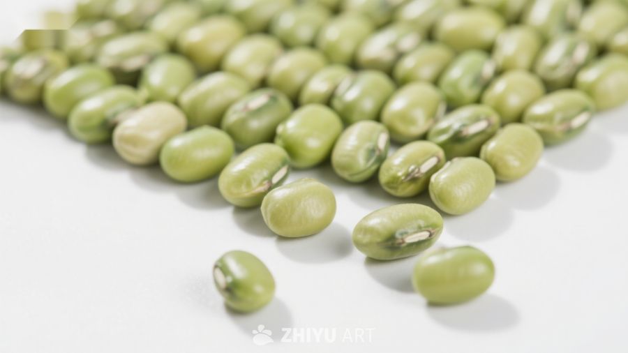 新鲜绿豆散落白色背景
