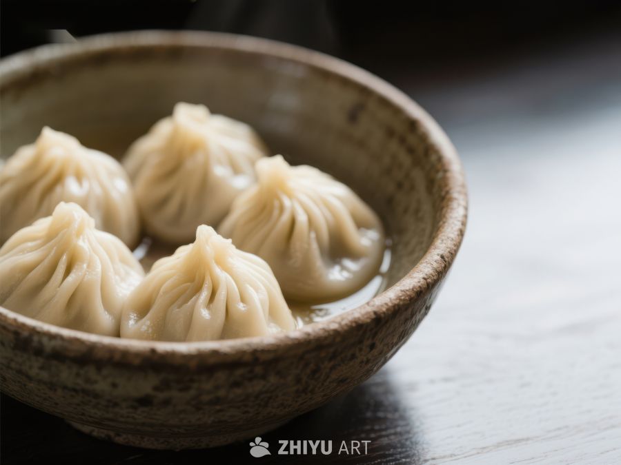 热腾腾的小笼包盛于古朴陶碗中 1009