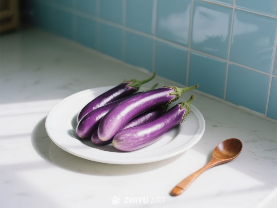 盘中紫色茄子与木质勺子 284