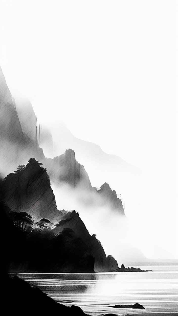 雾气缭绕水墨山水画简约风格 45