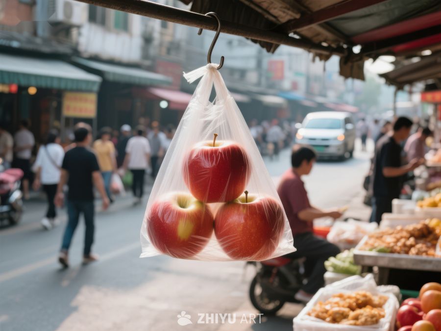市场摊位前悬挂的苹果袋 474