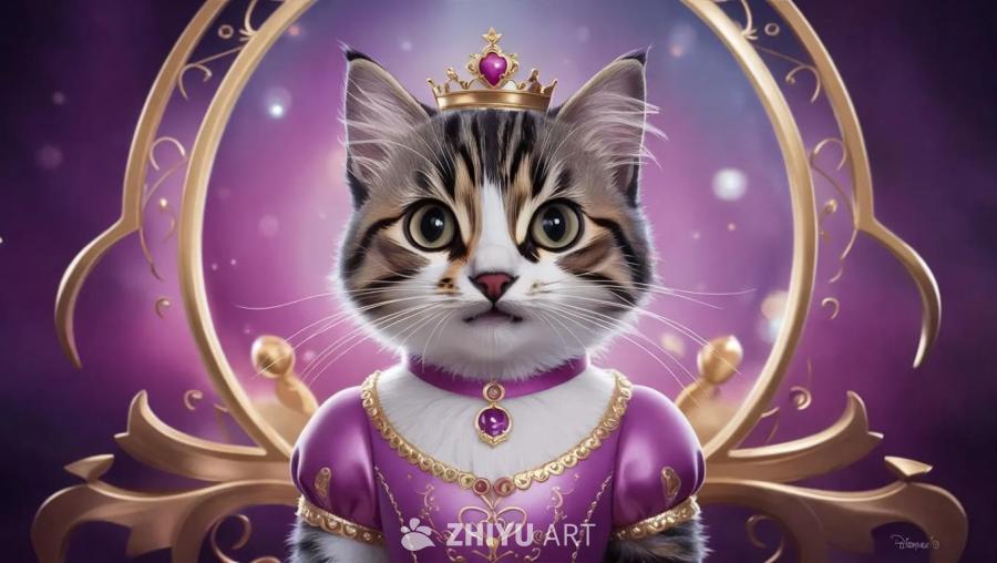 一只棕色和白色相间的小猫，头戴金色王冠，王冠上镶嵌