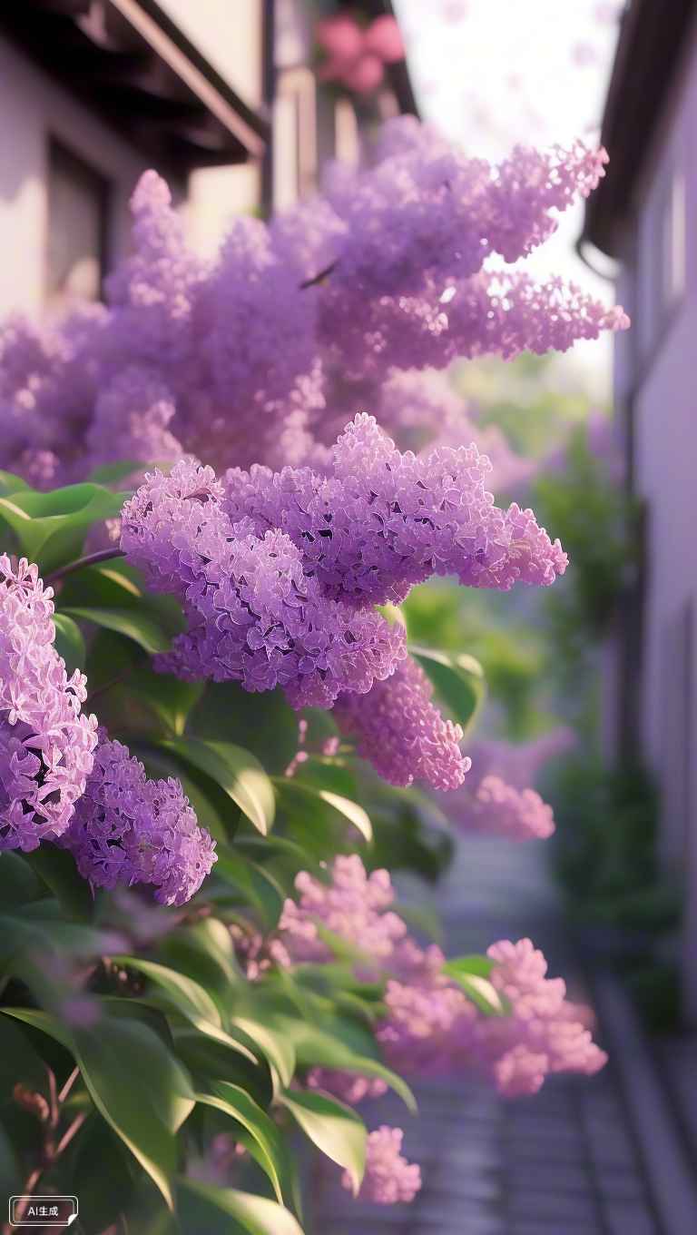 紫色的丁香花在小巷中绽放，香气四溢 4
