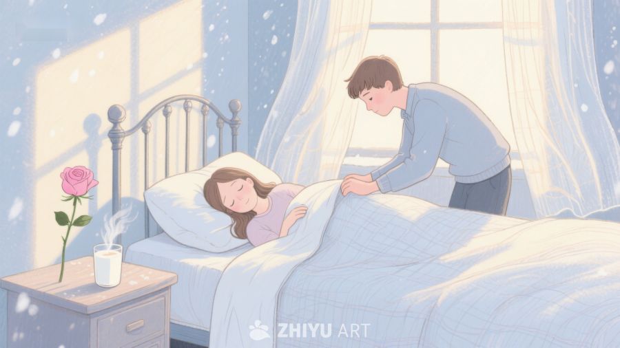 温馨晨间：男子轻抚熟睡女子 339