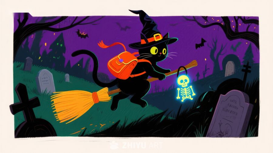 万圣夜猫巫师飞过墓地