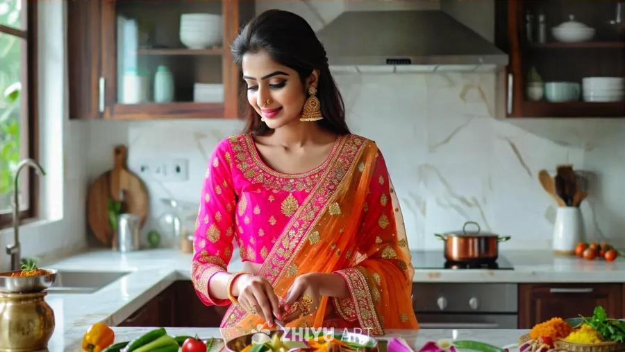 一位年轻女子身着传统的salwar kameez，
