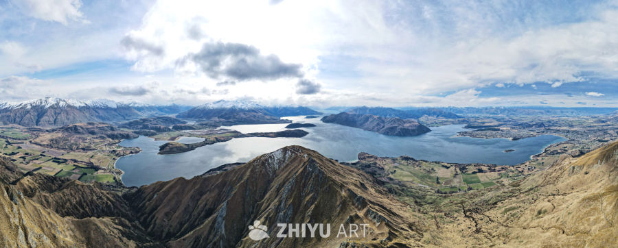 登高全景航拍新西兰南岛瓦纳卡湖雪山湖泊峡谷河流 4