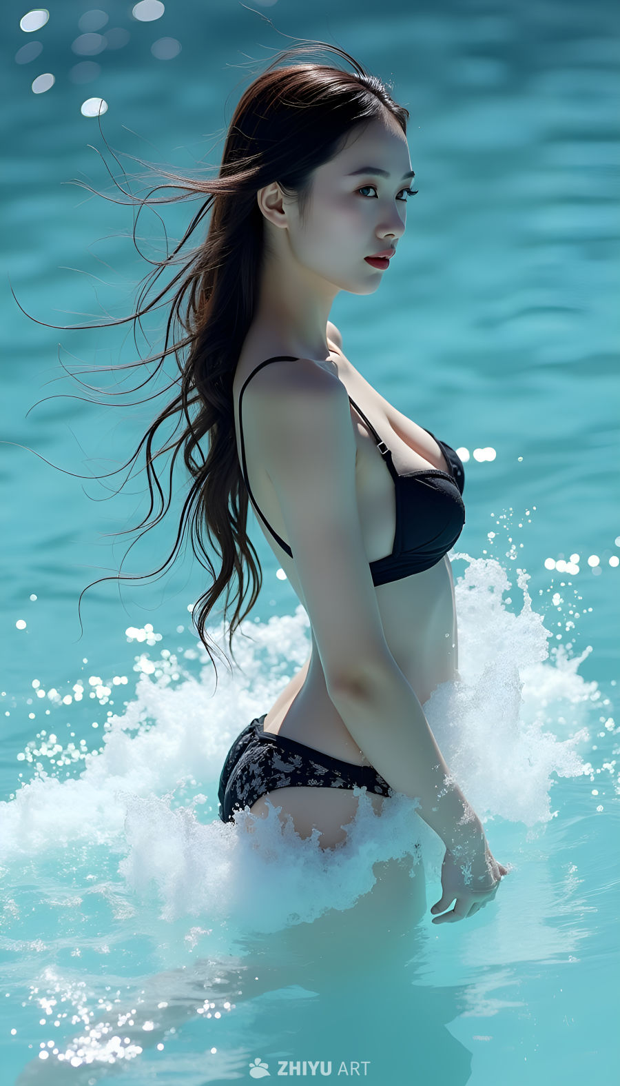 海边微风中的长发女子