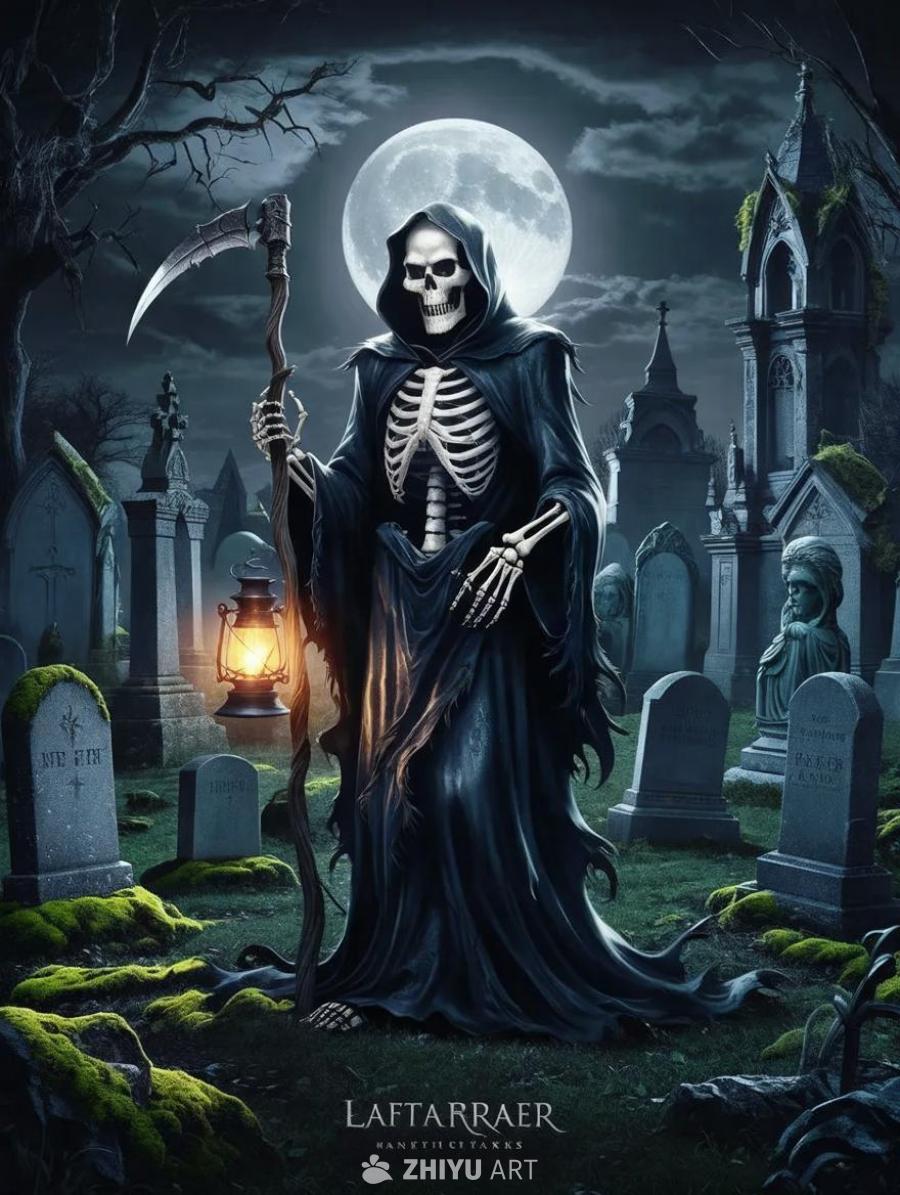 满月下的墓地，一个骷髅死神矗立着。 死神穿着长袍，
