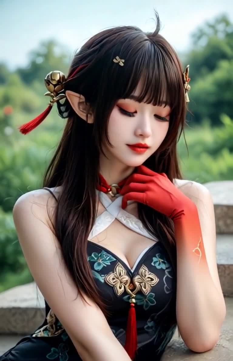 一位女性戴着红色的手套，手放在脖子下方。她穿着一件