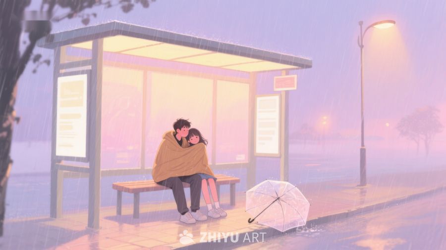 雨夜公交站的温暖拥抱 610
