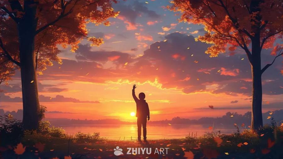 夕阳西下，天空呈现出温暖的橙色、粉色和紫色。一个孤