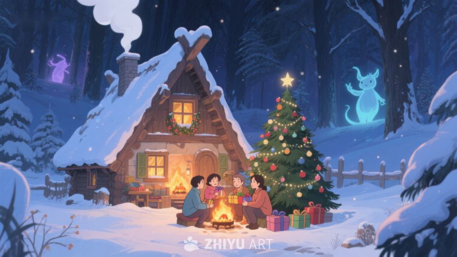 冬夜林中小屋前的温馨圣诞聚会 44