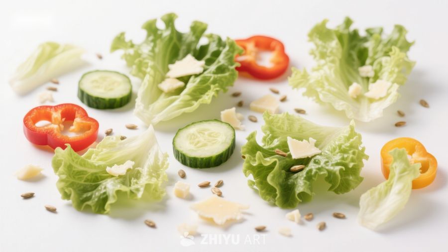 新鲜蔬菜拼盘，包含生菜、黄瓜和红椒