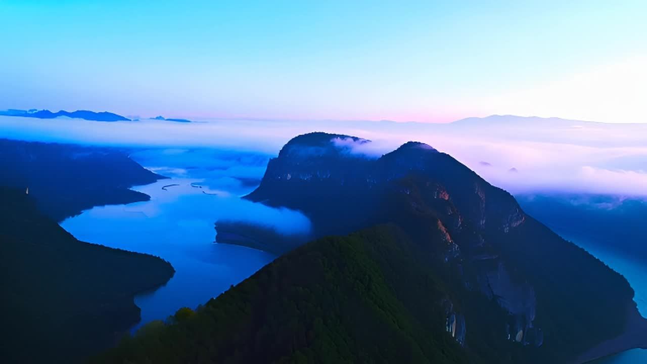 高耸的山脉在晴朗的天空下巍峨耸立，蜿蜒的河流穿过山