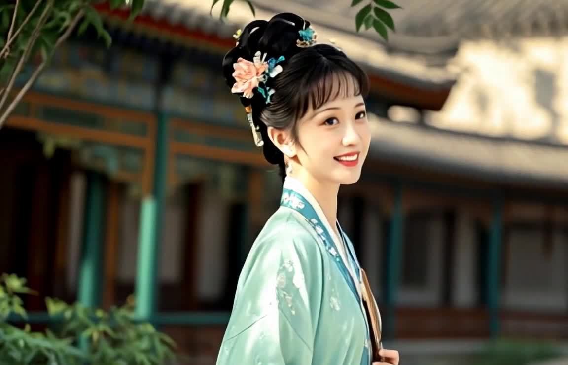 古典美人着汉服，优雅回眸浅笑，背景古建筑。