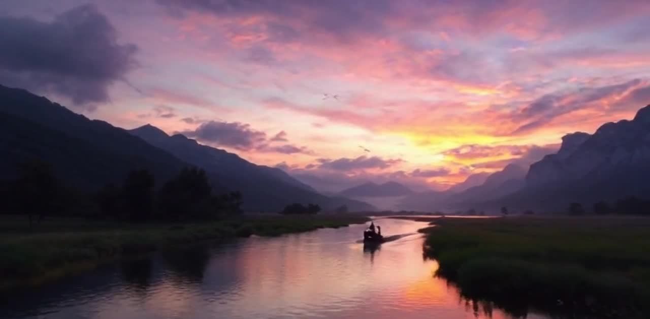 晚霞山水：小船荡漾在宁静河面