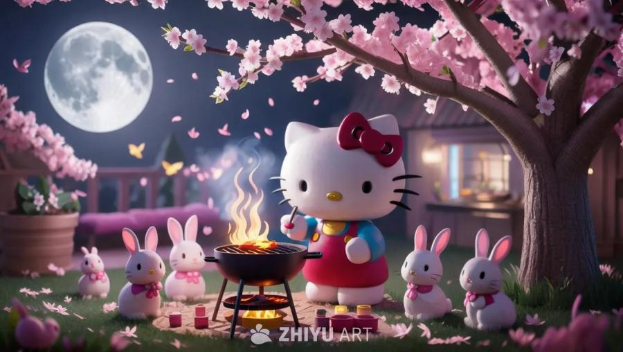 一棵樱花树下，Hello Kitty正在烧烤。周围