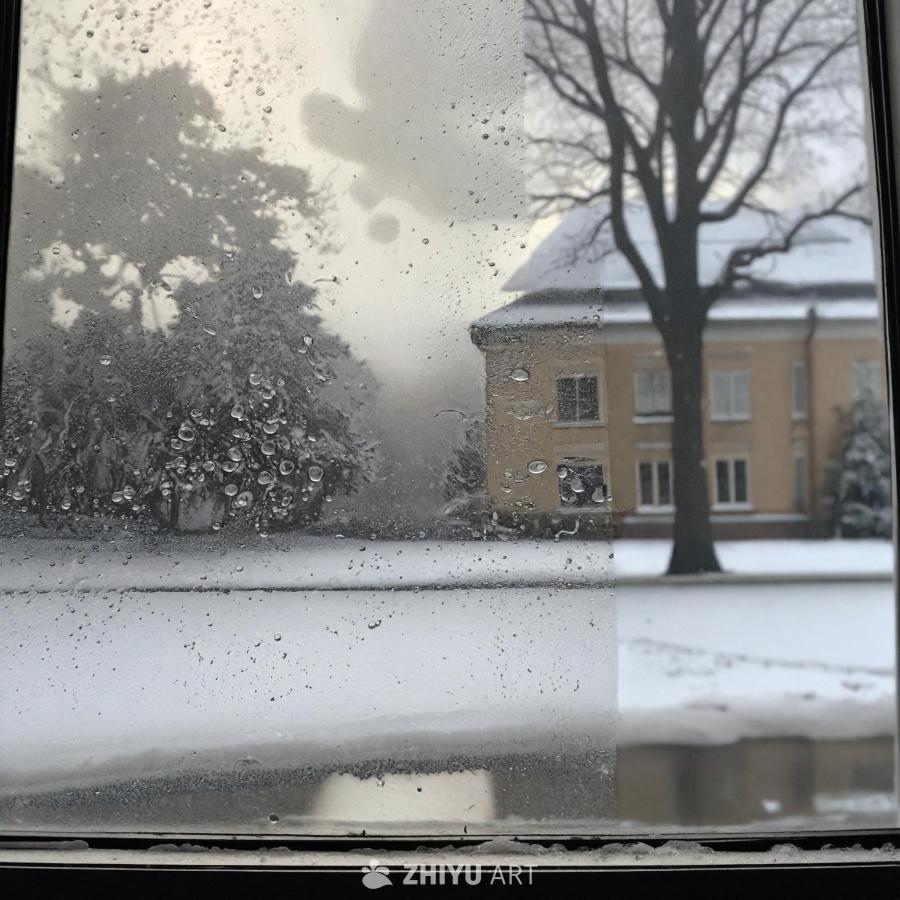 雪覆盖着地面，一棵树和一栋建筑在背景中。场景透过窗