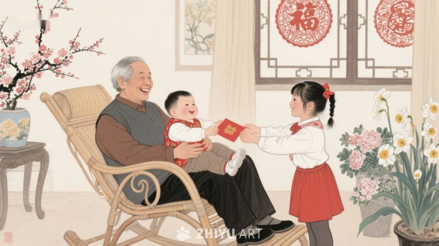 温馨家庭场景：长辈与孩童共享红包时刻 899